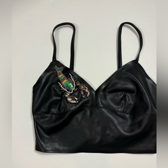 Zara black leather top with rhinestone crab design. - Picture 6 of 7